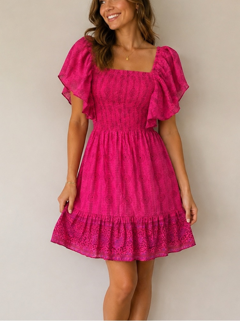 FIGUE Estella Pink Smocked Flutter Sleeve Boho Resort Mini Dress size XS